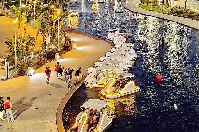 Illuminated Swan Boat Night Ride on Rainbow Lagoon in Long Beach - The views: Downtown Long Beach and the Pike Ferris Wheel at night